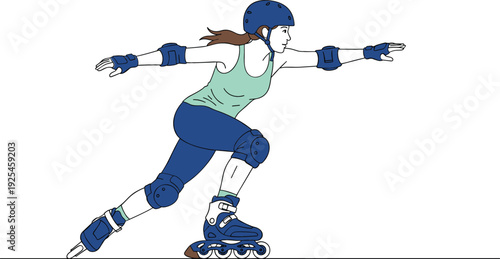 Young woman in protective gear and helmet rollerblading fast on inline skates for outdoor summer fitness and exercise