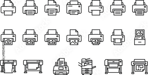 Printer icons, printing devices, photo printer, multifunction printer, plotter, scanner, copier, large format, kiosk printer, technology, office tools