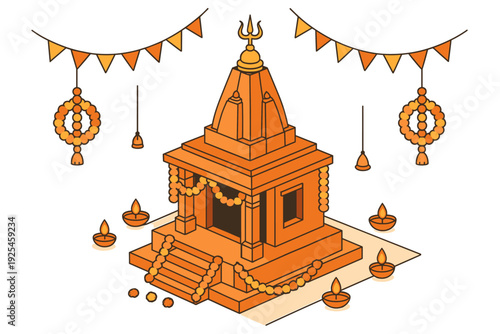 Isometric hindu temple with festive decorations and lighting elements