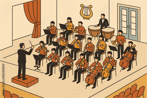 Isometric orchestra performing on stage with conductor and musicians in concert hall