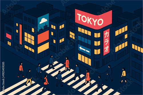 Isometric tokyo cityscape at night with walking pedestrians in neon colors