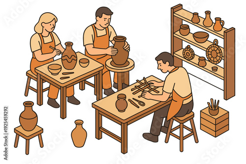Creative pottery workshop with artists crafting clay vessels and sculptures in isometric style