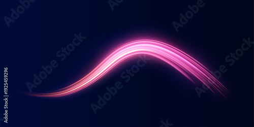Dynamic pink light trails curve into a futuristic spiral. Neon particles shimmer along twisting lines. Dark background emphasizes glowing motion.