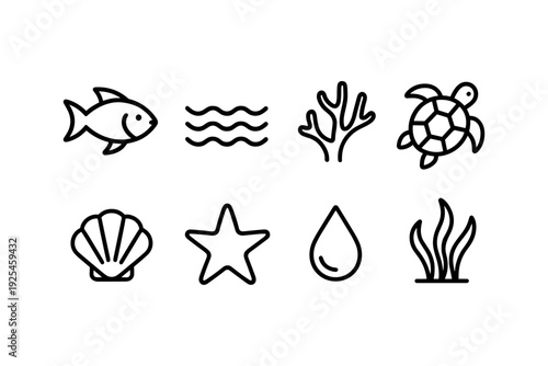 Set of minimalist sea life icons: fish, waves, coral, turtle, shell, starfish, drop, seaweed