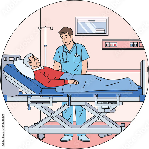 Male nurse or doctor in blue scrubs caring for senior patient lying in hospital bed inside circular frame