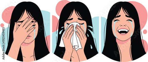 Set of three portraits showing a young woman crying covering her face and laughing while tears fall down