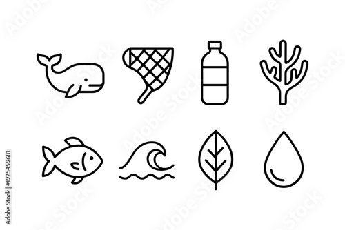 Minimalist ocean conservation icons featuring marine life and pollution