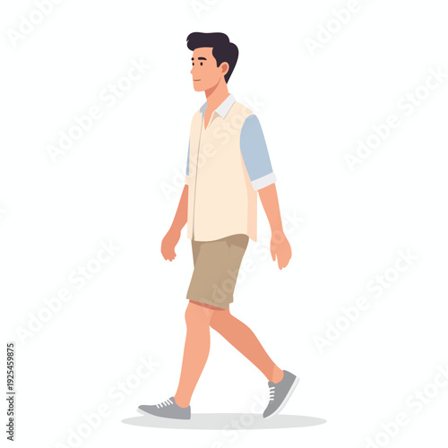 Illustration of a man walking to the right with a relaxed stride and casual clothing
