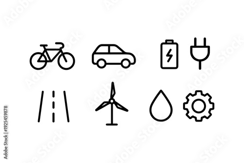 Sustainable mobility and renewable energy line icons set