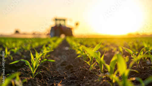 Young corn sprouts grow in a field at sunset with a tractor in the background agriculture