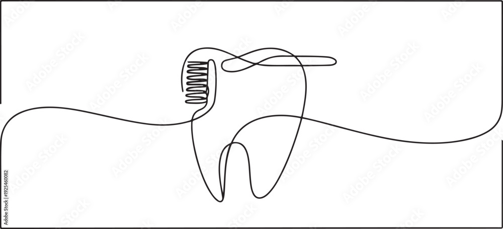 Obraz premium One line dental care clinic poster drawing with frame. Abstract minimal continuous line. one line Icon drawing