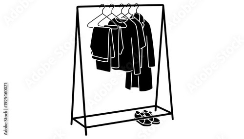 Clothing rack silhouette with hanging clothes and shoes illustration