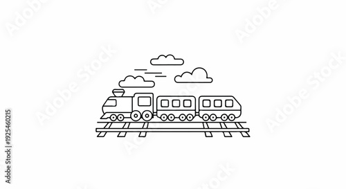 A line drawing of a steam train on railroad tracks with clouds in the background.