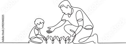 One continuous line of a father teaches his son to grow crops. one line Icon drawing
