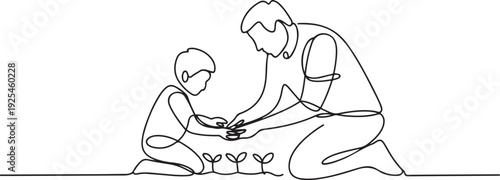 One continuous line of a father teaches his son to grow crops. one line Icon drawing