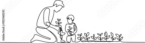 One continuous line of a father teaches his son to grow crops. one line Icon drawing