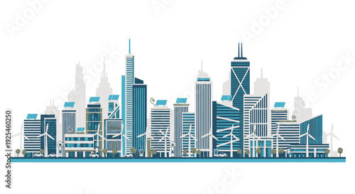 Modern cityscape illustration featuring buildings and renewable energy sources