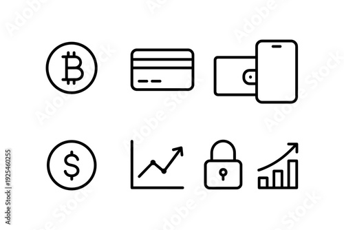 Finance and cryptocurrency icons set: trendy linear symbols for wallet, bitcoin, security, and growth