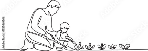 One continuous line of a father teaches his son to grow crops. one line Icon drawing