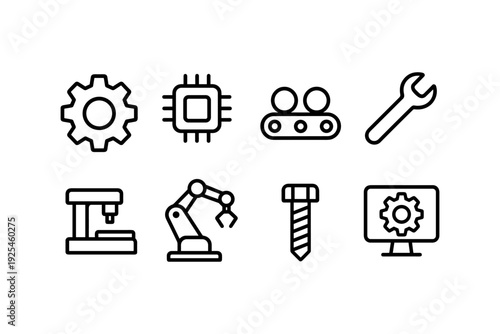 Minimalist industrial icons set featuring tools and machinery line art