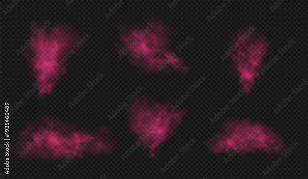 Naklejka premium Pink dust powder with flying sand smog, dust haze cloud overlay texture, random sandy-smoke paint splashes vector set