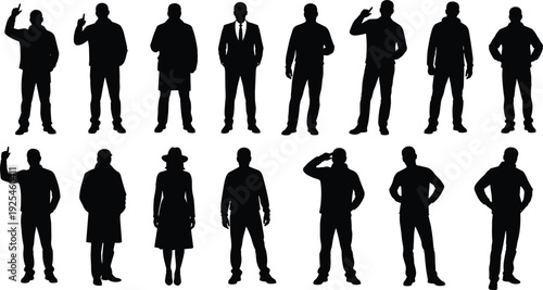 Black man silhouette set, standing male figures in business and casual poses, people walking and gesturing, diverse group of gentleman icons
