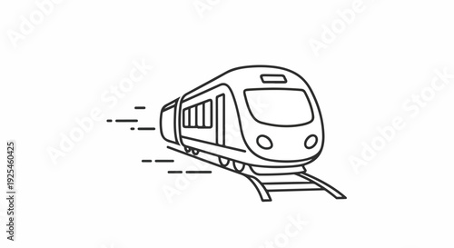 A line drawing of a train traveling on tracks with motion lines behind it.
