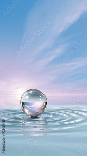 A clear glass sphere floating on calm water with gentle ripples and pastel sky