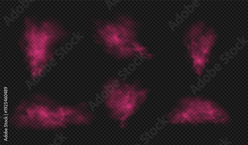 Pink dust powder with flying sand smog, dust haze cloud overlay texture, random sandy-smoke paint splashes vector set