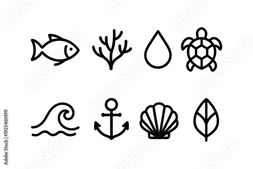 Minimalist ocean icons: marine life and nautical symbols in simple line art