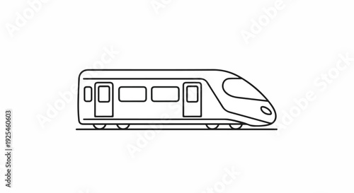 A black line drawing of a modern train on a white background.