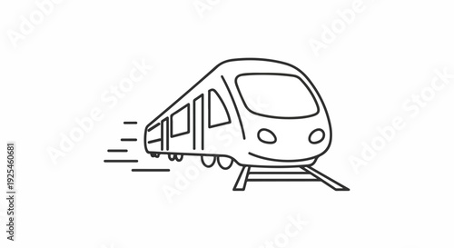 A line drawing of a train traveling on train tracks with motion lines behind it.