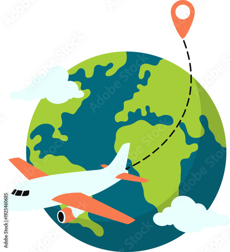 Airplane traveling illustration with earth and cloud for travel promotion. Vector isolated.