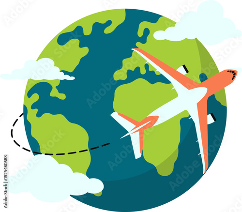 Airplane traveling illustration with earth and cloud for travel promotion. Vector isolated.