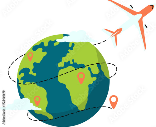 Airplane traveling illustration with earth and cloud for travel promotion. Vector isolated.