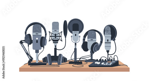 Audio recording equipment illustration microphones and headphones on tabletop