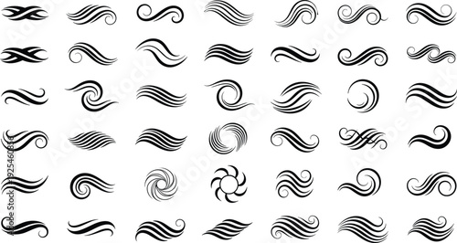 Abstract wave swirl elements collection, decorative flowing lines, modern calligraphic curves for logo, tattoo, branding, vector design set illustration art