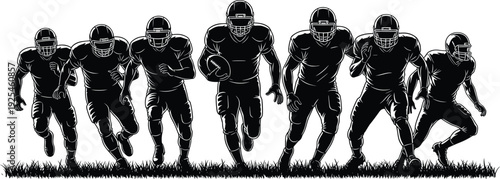 American football players silhouettes running with ball, sports team action scene, athletic competition concept illustration isolated on white background