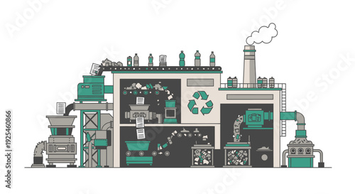 Recycling plant illustration processing plastic and environmental sustainability