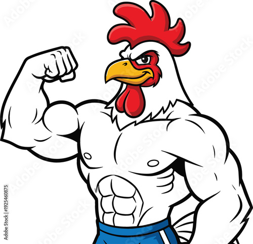 Cartoon illustration of a buff white rooster mascot with large muscles flexing its bicep for fitness branding