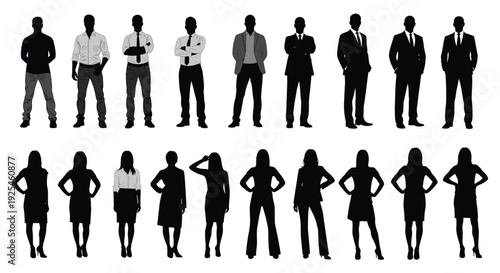 Black silhouettes of diverse men and women standing in professional and casual poses, full body figures, business fashion, isolated on white.