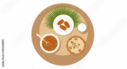 Overhead view of a meal with dates soup and hummus on a circular table