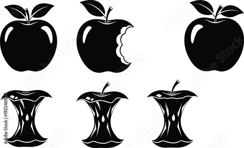 Black silhouette vector set of apples showing the progression from whole fruit to bitten and consumed cores