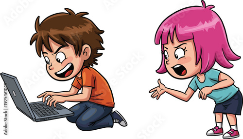 Cartoon children with laptop, boy using computer, girl scolding, childhood technology, communication, conflict resolution, digital learning, emotions, character illustration, art