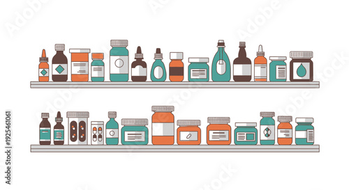 Shelf display of various medicine bottles and containers healthcare illustration