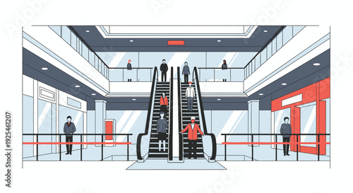 People using escalators in a modern commercial building vector illustration