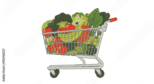 Shopping cart overflowing with fresh produce isolated on white background