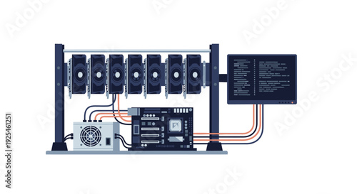 Cryptocurrency mining rig illustration digital hardware setup on white background