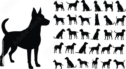 Black dog silhouette icon set, various breeds and poses, pet animal shapes collection, vector illustration isolated on white background