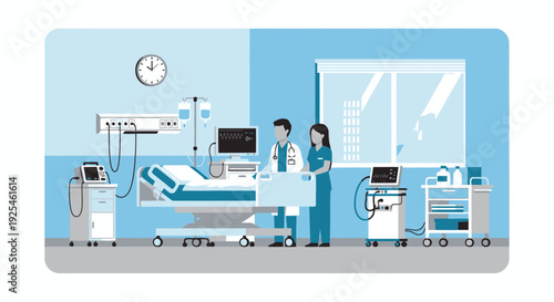 Medical professionals in hospital room with equipment and patient bed